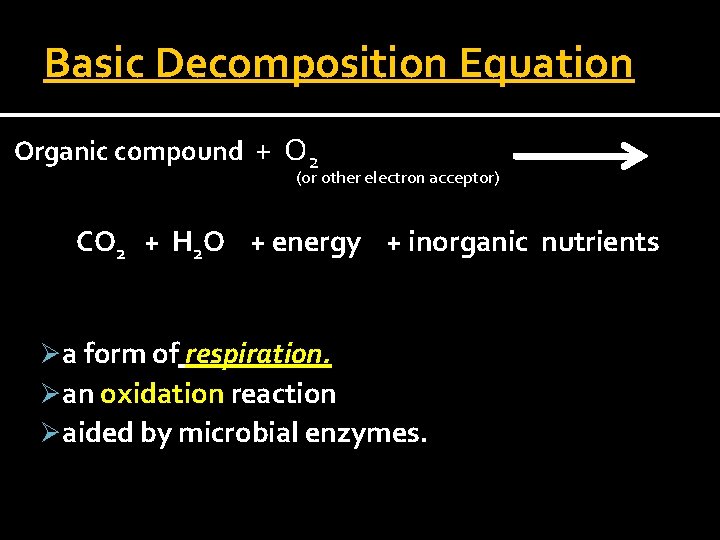 Basic Decomposition Equation Organic compound + O 2 (or other electron acceptor) CO 2
