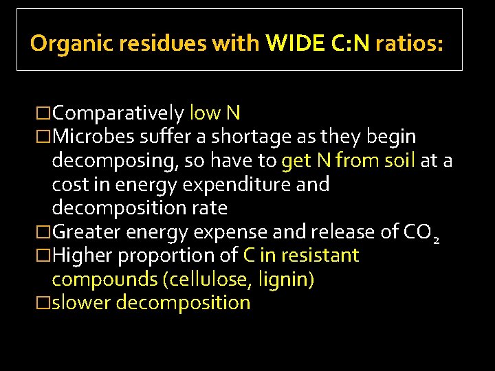 Organic residues with WIDE C: N ratios: �Comparatively low N �Microbes suffer a shortage