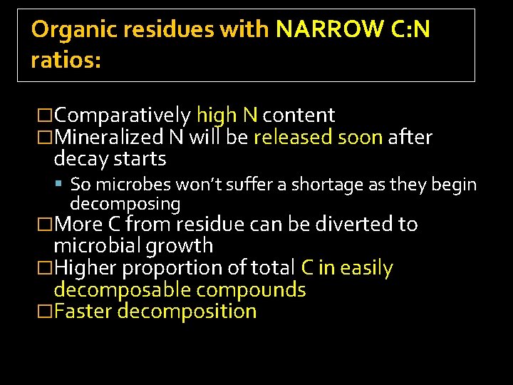 Organic residues with NARROW C: N ratios: �Comparatively high N content �Mineralized N will