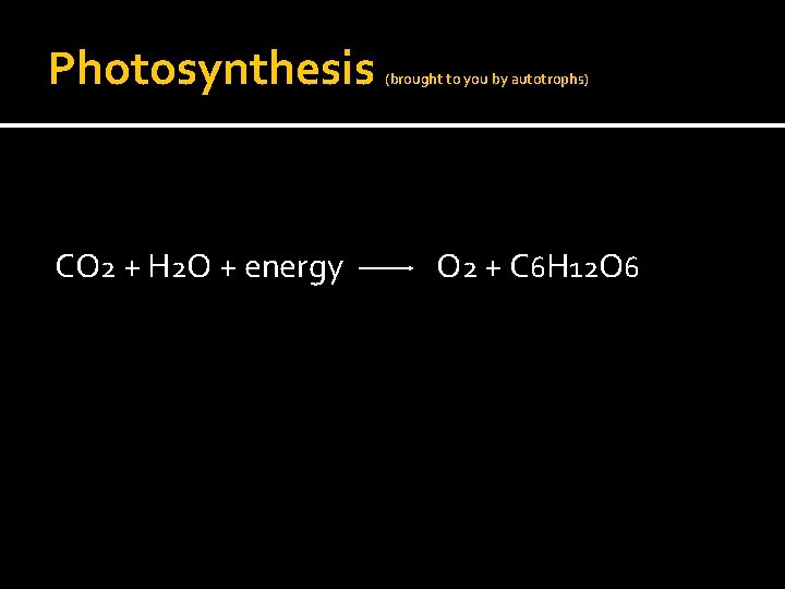 Photosynthesis CO 2 + H 2 O + energy (brought to you by autotrophs)