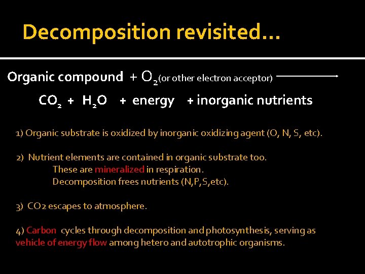 Decomposition revisited… Organic compound + O 2(or other electron acceptor) CO 2 + H