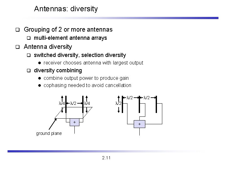Antennas: diversity q Grouping of 2 or more antennas q q multi-element antenna arrays