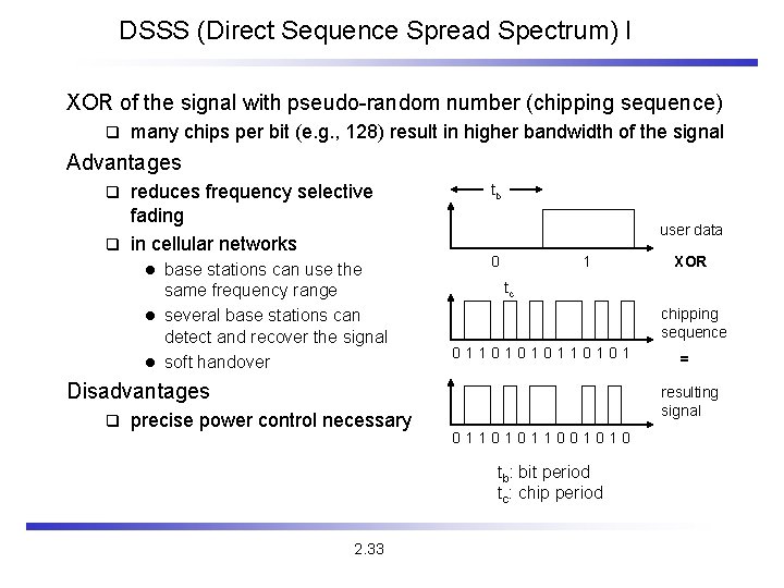 DSSS (Direct Sequence Spread Spectrum) I XOR of the signal with pseudo-random number (chipping