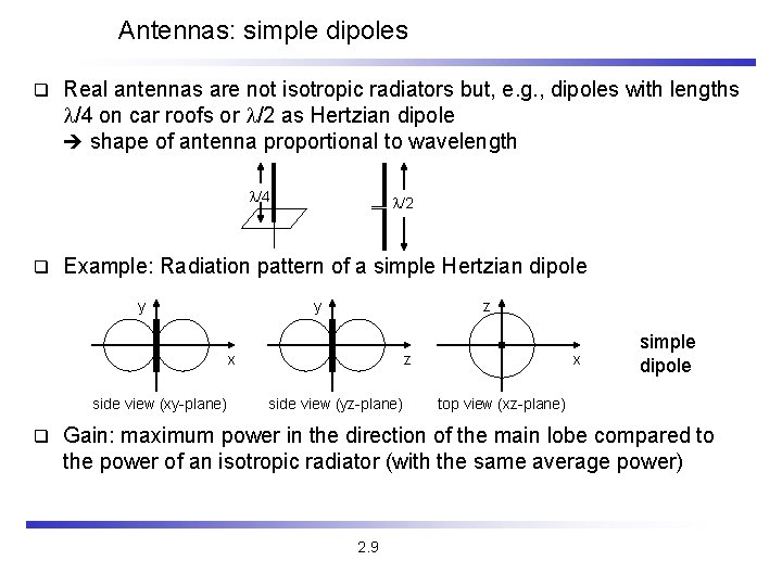 Antennas: simple dipoles q Real antennas are not isotropic radiators but, e. g. ,