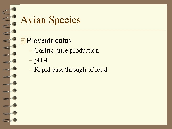 Avian Species 4 Proventriculus – Gastric juice production – p. H 4 – Rapid