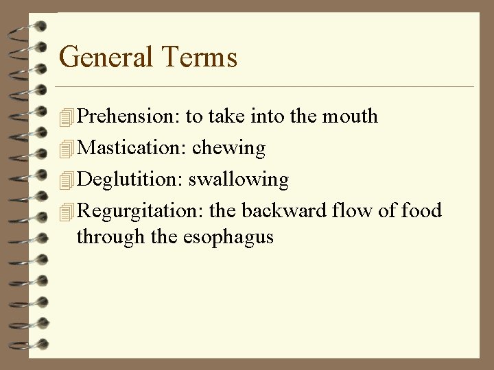 General Terms 4 Prehension: to take into the mouth 4 Mastication: chewing 4 Deglutition: