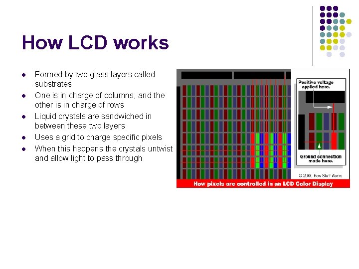 How LCD works l l l Formed by two glass layers called substrates One