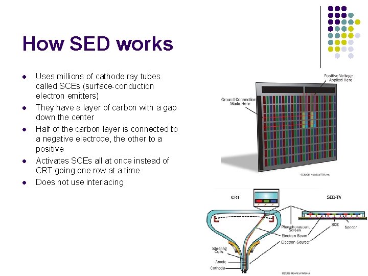 How SED works l l l Uses millions of cathode ray tubes called SCEs