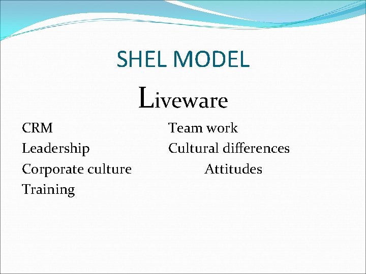SHEL MODEL Liveware CRM Leadership Corporate culture Training Team work Cultural differences Attitudes 