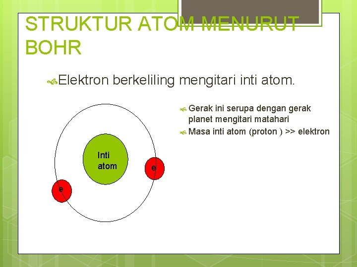 STRUKTUR ATOM MENURUT BOHR Elektron berkeliling mengitari inti atom. Gerak ini serupa dengan gerak