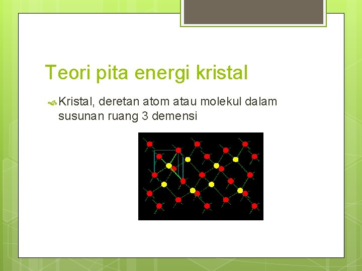 Teori pita energi kristal Kristal, deretan atom atau molekul dalam susunan ruang 3 demensi