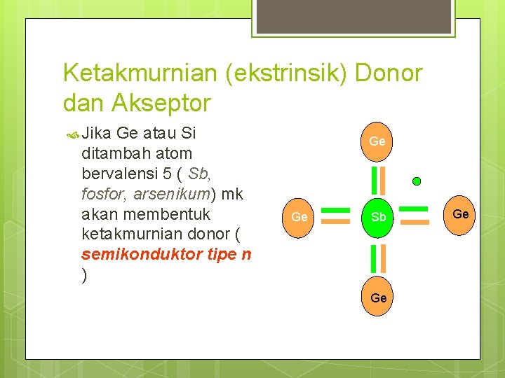 Ketakmurnian (ekstrinsik) Donor dan Akseptor Jika Ge atau Si ditambah atom bervalensi 5 (