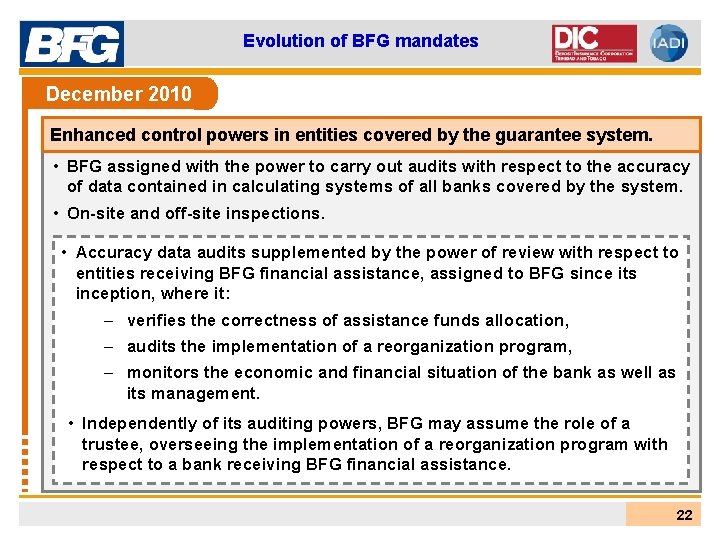 Evolution of BFG mandates December 2010 Enhanced control powers in entities covered by the