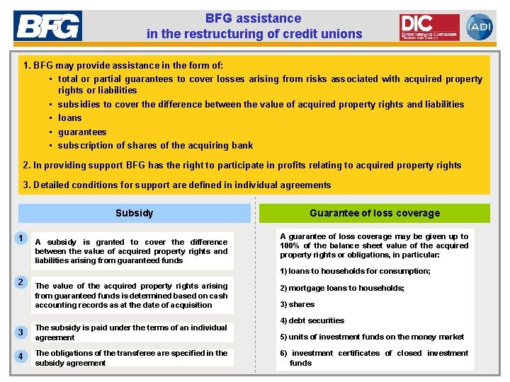 BFG assistance in the restructuring of credit unions 1. BFG may provide assistance in