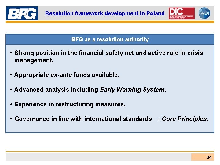 Resolution framework development in Poland BFG as a resolution authority • Strong position in