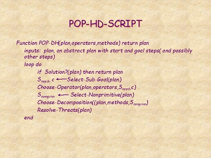 POP-HD-SCRIPT Function POP-DH(plan, operators, methods) return plan inputs: plan, an abstract plan with start