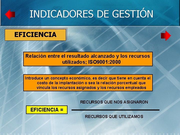 INDICADORES DE GESTIÓN EFICIENCIA Relación entre el resultado alcanzado y los recursos utilizados; ISO