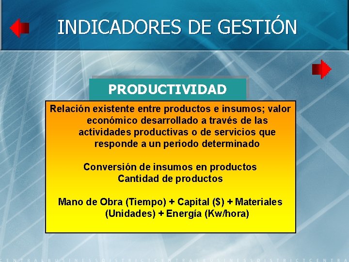 INDICADORES DE GESTIÓN PRODUCTIVIDAD Relación existente entre productos e insumos; valor económico desarrollado a