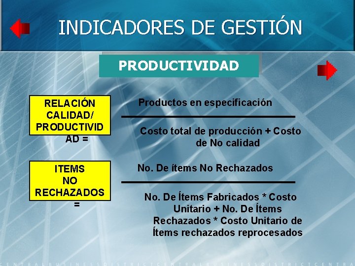 INDICADORES DE GESTIÓN PRODUCTIVIDAD RELACIÓN CALIDAD/ PRODUCTIVID AD = Productos en especificación ITEMS NO