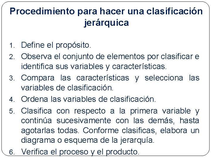 Procedimiento para hacer una clasificación jerárquica 1. Define el propósito. 2. Observa el conjunto