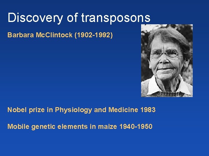 Discovery of transposons Barbara Mc. Clintock (1902 -1992) Nobel prize in Physiology and Medicine