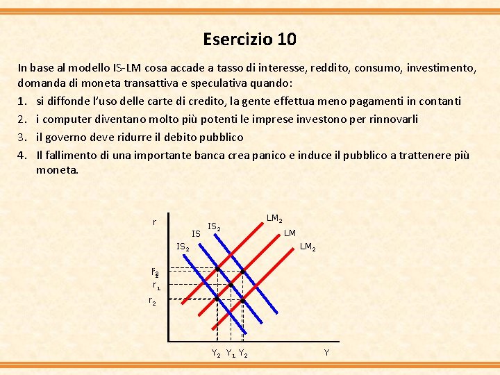 Esercizio 10 In base al modello IS-LM cosa accade a tasso di interesse, reddito,