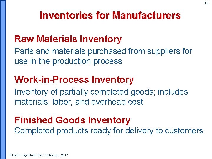 13 Inventories for Manufacturers Raw Materials Inventory Parts and materials purchased from suppliers for