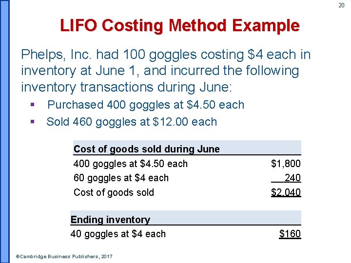 20 LIFO Costing Method Example Phelps, Inc. had 100 goggles costing $4 each in