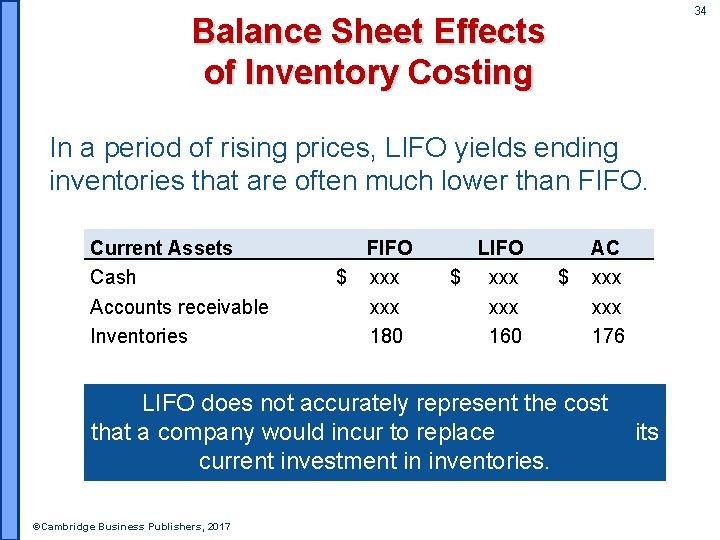 Balance Sheet Effects of Inventory Costing In a period of rising prices, LIFO yields