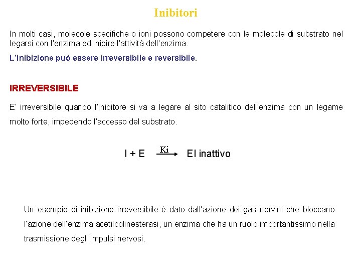 Inibitori In molti casi, molecole specifiche o ioni possono competere con le molecole di