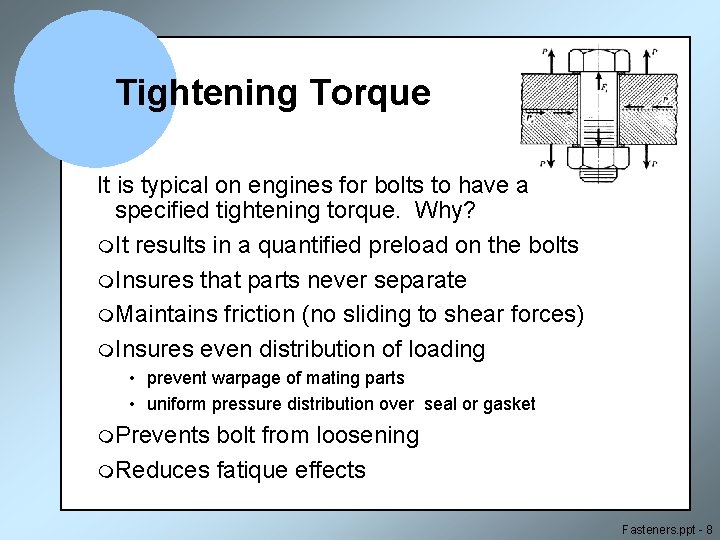 Tightening Torque It is typical on engines for bolts to have a specified tightening