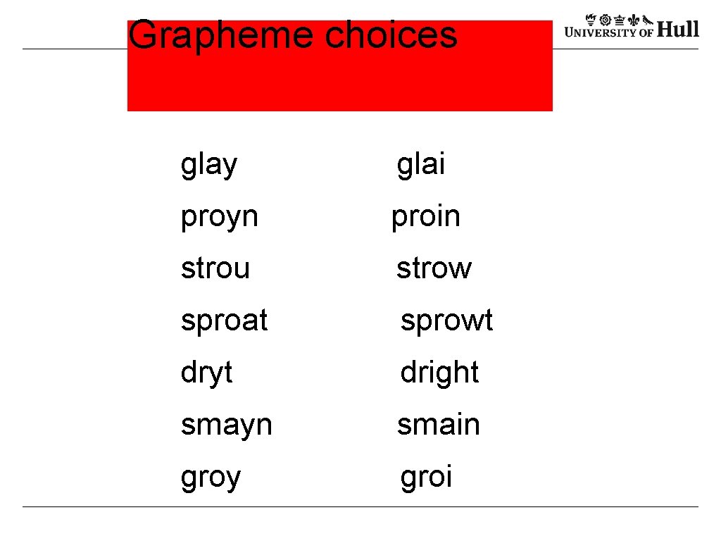 Grapheme choices glay glai proyn proin strou strow sproat sprowt dryt dright smayn smain