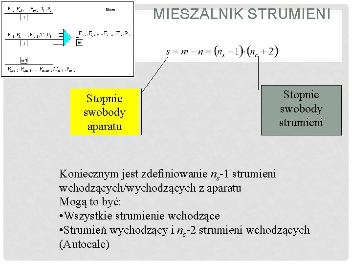 MIESZALNIK STRUMIENI Stopnie swobody aparatu Stopnie swobody strumieni Koniecznym jest zdefiniowanie ns-1 strumieni wchodzących/wychodzących