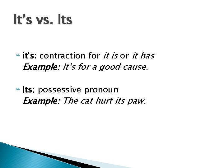 It’s vs. Its it's: contraction for it is or it has Example: It’s for