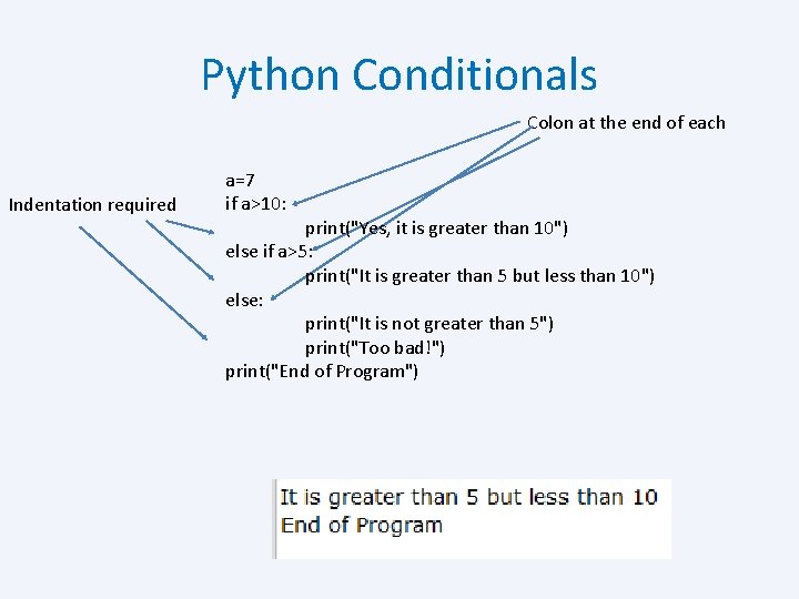 Python Conditionals Colon at the end of each Indentation required a=7 if a>10: print("Yes,