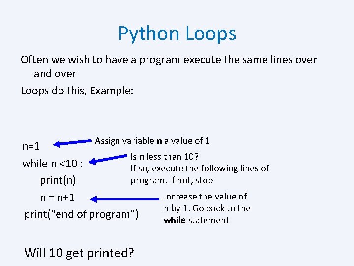 Python Loops Often we wish to have a program execute the same lines over