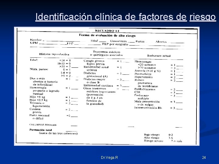 Identificación clínica de factores de riesgo Dr. Vega. R 24 