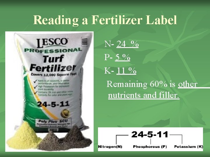 Reading a Fertilizer Label n n N- 24 % P- 5 % K- 11