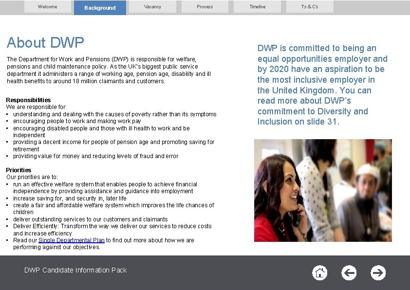 Welcome Background Vacancy Process About DWP The Department for Work and Pensions (DWP) is