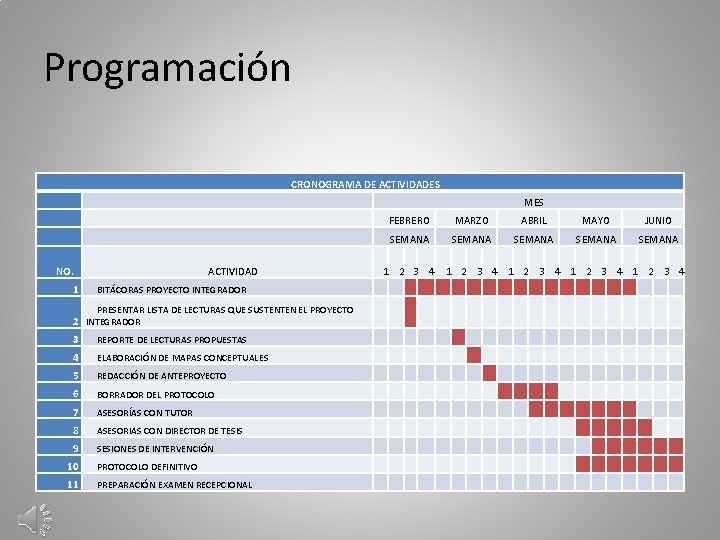 Programación CRONOGRAMA DE ACTIVIDADES FEBRERO MARZO ABRIL MAYO JUNIO SEMANA SEMANA NO. 1 MES