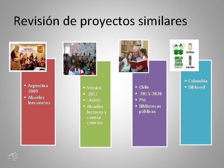 Revisión de proyectos similares • Argentina 2009 • Abuelos leecuentos • • México 2011