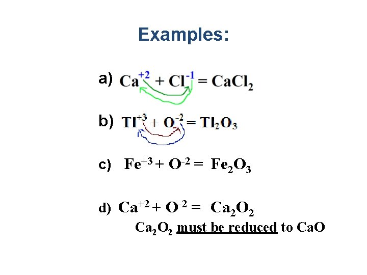 Examples: a) b) c) Fe+3 + O-2 = Fe 2 O 3 d) Ca+2 Examples: a) b) c) Fe+3 + O-2 = Fe 2 O 3 d) Ca+2