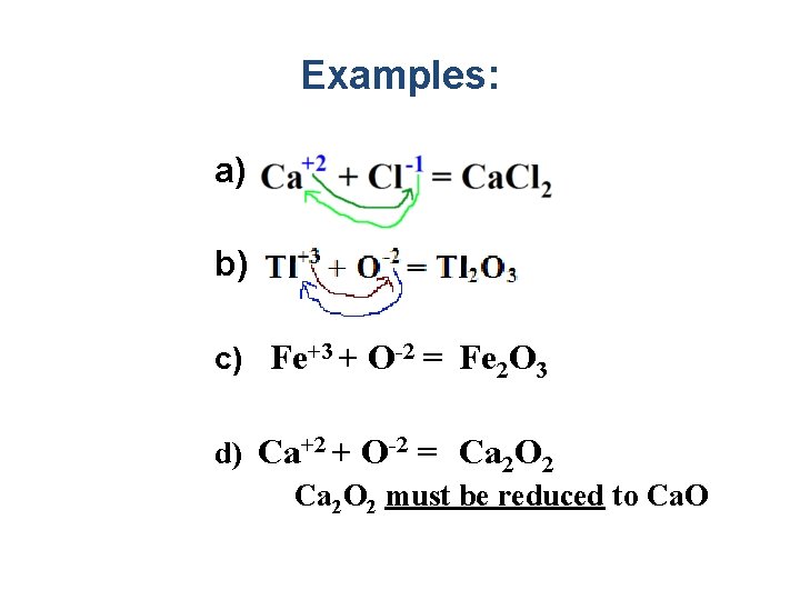 Examples: a) b) c) Fe+3 + O-2 = Fe 2 O 3 d) Ca+2