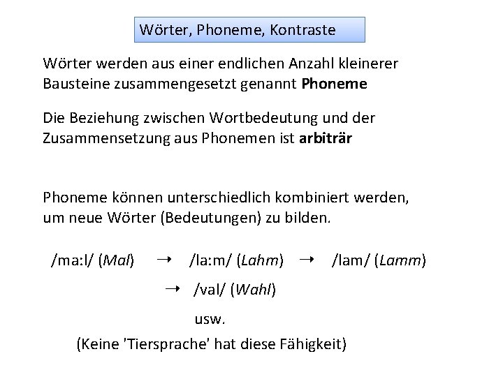 Wörter, Phoneme, Kontraste Wörter werden aus einer endlichen Anzahl kleinerer Bausteine zusammengesetzt genannt Phoneme