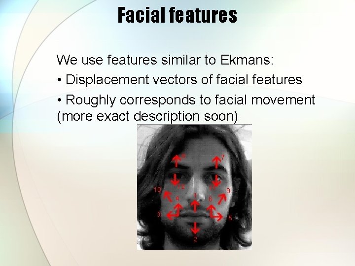 Facial features We use features similar to Ekmans: • Displacement vectors of facial features