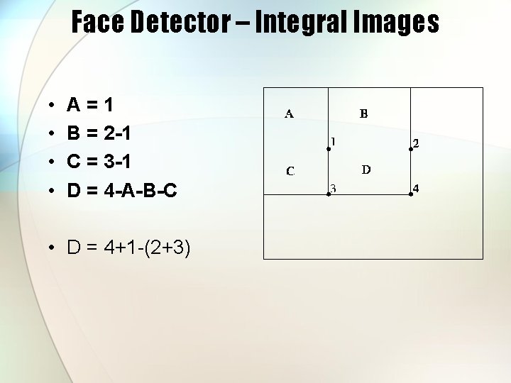 Face Detector – Integral Images • • A=1 B = 2 -1 C =