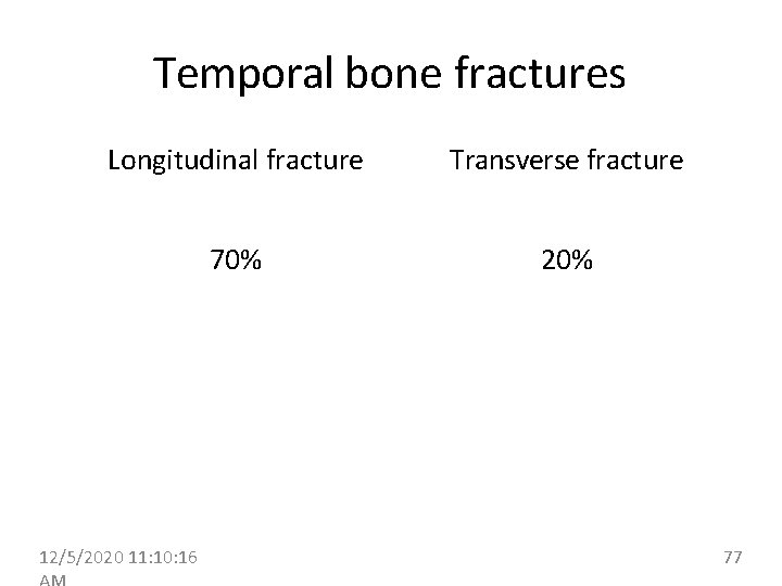 Temporal bone fractures Longitudinal fracture Transverse fracture 70% 20% 12/5/2020 11: 10: 16 77