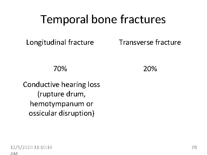 Temporal bone fractures Longitudinal fracture Transverse fracture 70% 20% Conductive hearing loss (rupture drum,
