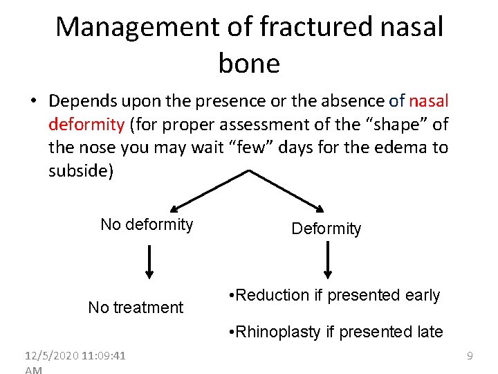 Management of fractured nasal bone • Depends upon the presence or the absence of