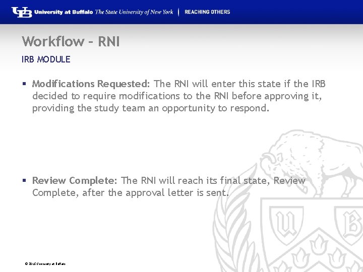 Workflow – RNI IRB MODULE § Modifications Requested: The RNI will enter this state